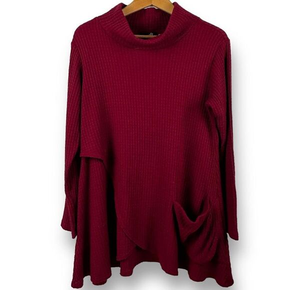 Sympli Womens Size 10 Waffleknit Cowlneck Sweater Burgundy Red Tunic Layered Hem - Picture 1 of 11
